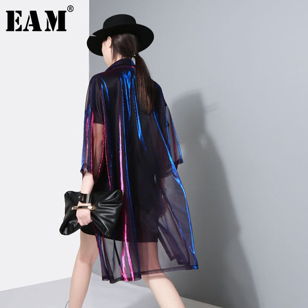 Lapel Three-quarter Sleeve Green Shing Perspective Loose Big Size Shirt Women Blouse \ | Vimost Shop.