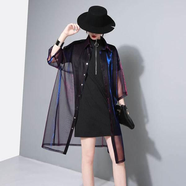Lapel Three-quarter Sleeve Green Shing Perspective Loose Big Size Shirt Women Blouse \ | Vimost Shop.