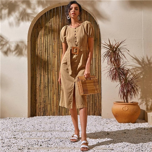 White Puff Sleeve Single Breasted Split Hem Belted Dress Women Summer Short Sleeve O-neck Fitted Boho Long Dresses | Vimost Shop.