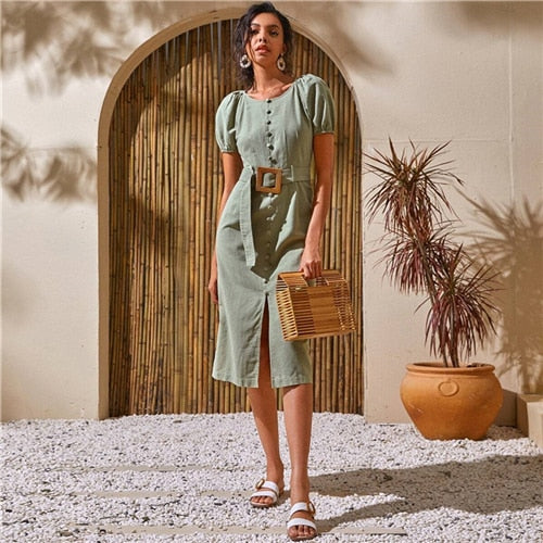 White Puff Sleeve Single Breasted Split Hem Belted Dress Women Summer Short Sleeve O-neck Fitted Boho Long Dresses | Vimost Shop.