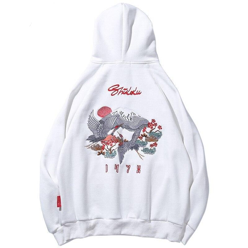 Men Hip Hop Streetwear Hoodie Harajuku Embroidery Crane Kanji | Vimost Shop.