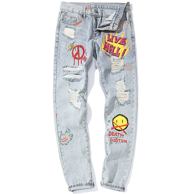 Men Broken Hole Trousers Cute Letter Print Jeans High Street Casual Streetwear | Vimost Shop.