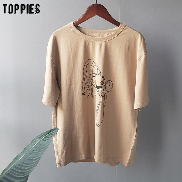 Summer t-shirts character printing tops tees solid color white t-shirts women drinking girls tops | Vimost Shop.