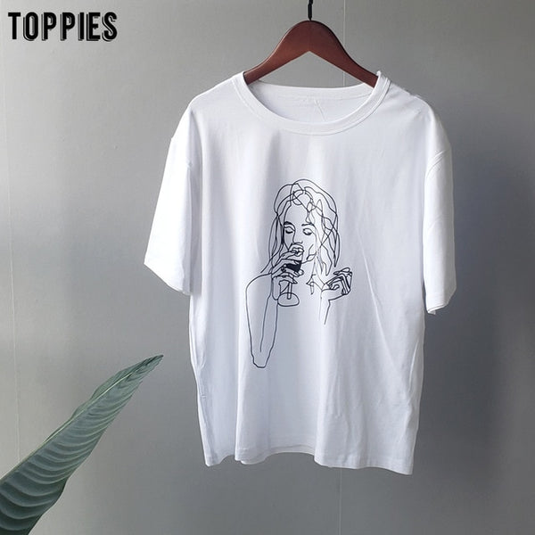 Summer t-shirts character printing tops tees solid color white t-shirts women drinking girls tops | Vimost Shop.