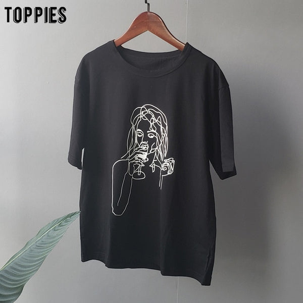 Summer t-shirts character printing tops tees solid color white t-shirts women drinking girls tops | Vimost Shop.