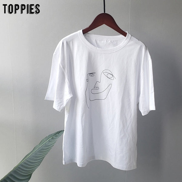 Summer t-shirts character printing tops tees solid color white t-shirts women drinking girls tops | Vimost Shop.