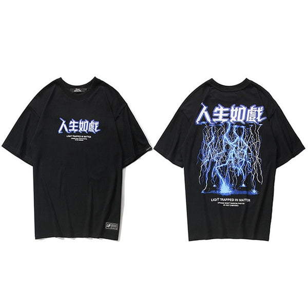 Men Hip Hop T Shirt Lightning Print T-Shirt Streetwear Chinese Letter Tshirt Oversized Harajuku Summer | Vimost Shop.