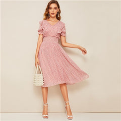 Pink Ruffle Trim Puff Sleeve Shirred Waist Summer Boho Dress Fit and Flare Dress Women Elegant Empire Long Dresses | Vimost Shop.