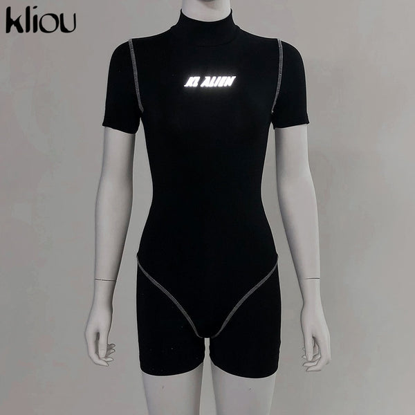 Women skinny bodysuit short sleeve playsuit Reflective letter print rompers | Vimost Shop.