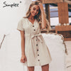 Simplee Vintage buttons women dress shirt V neck short sleeve cotton linen short summer office dresses | Vimost Shop.
