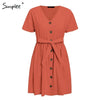 Simplee Vintage buttons women dress shirt V neck short sleeve cotton linen short summer office dresses | Vimost Shop.