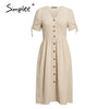 Simplee Vintage buttons women dress shirt V neck short sleeve cotton linen short summer office dresses | Vimost Shop.