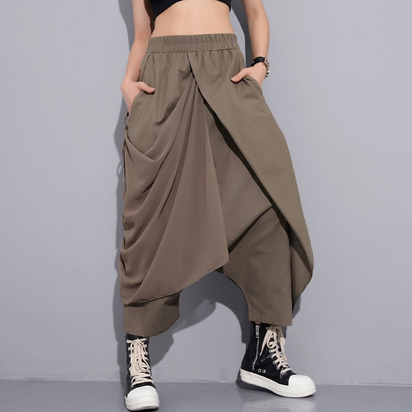 High Elastic Waist Black Fold Bandage Stitch Loose Long Cross-pants Women Trousers Fashion | Vimost Shop.