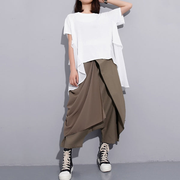 High Elastic Waist Black Fold Bandage Stitch Loose Long Cross-pants Women Trousers Fashion | Vimost Shop.