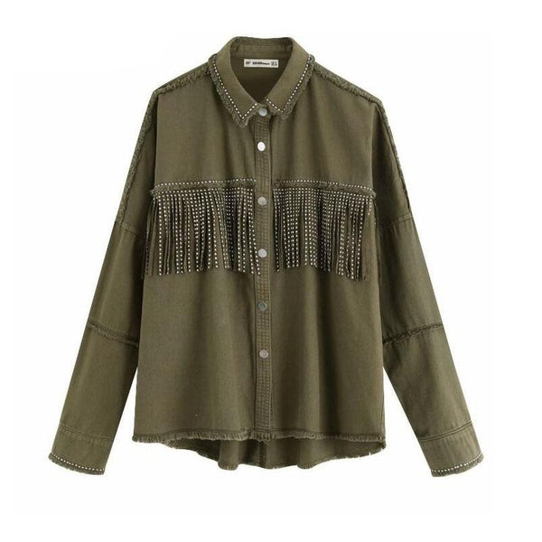 Spring tassels for breast Denim Jacket Loose Army Green Button Coat Woman Jeans Jacket | Vimost Shop.