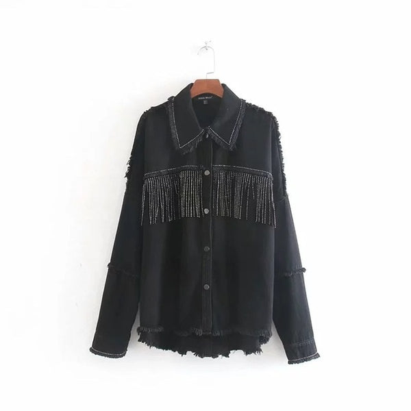 Spring tassels for breast Denim Jacket Loose Army Green Button Coat Woman Jeans Jacket | Vimost Shop.