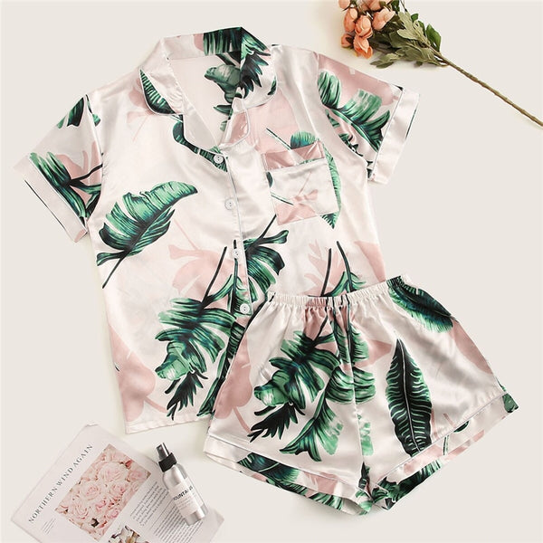 Tropical Print Satin Pajama Set Casual Sleep Wear Shorts Sets Short Sleeve Pocket Women Summer Pajama Set | Vimost Shop.