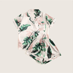 Tropical Print Satin Pajama Set Casual Sleep Wear Shorts Sets Short Sleeve Pocket Women Summer Pajama Set | Vimost Shop.