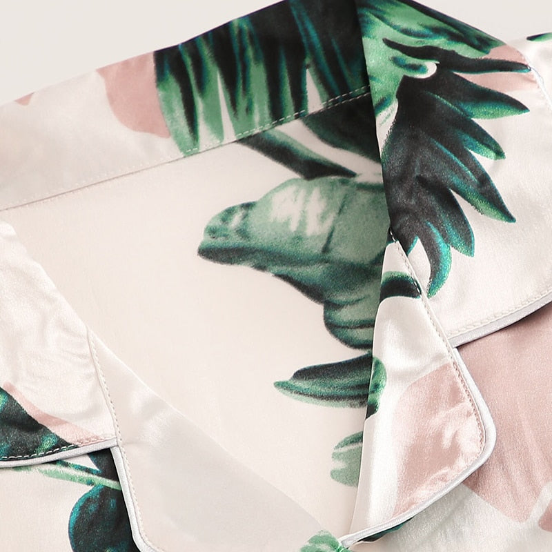 Tropical Print Satin Pajama Set Casual Sleep Wear Shorts Sets Short Sleeve Pocket Women Summer Pajama Set | Vimost Shop.