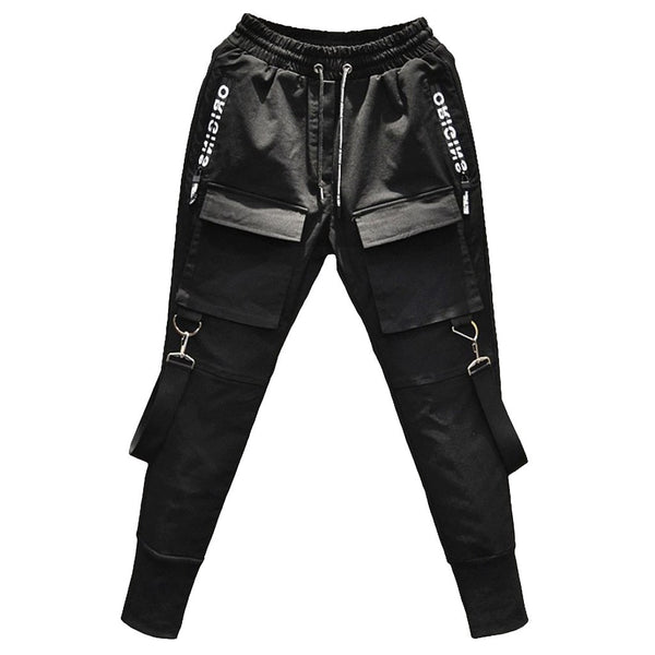 Men's Side Pockets Cargo Pants Autumn Hip Hop Casual Ribbons Design Male Joggers Trousers Fashion Streetwear Pant Black | Vimost Shop.