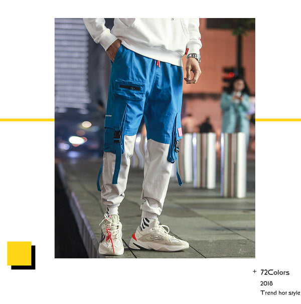 Men's Side Pockets Cargo Pants Autumn Hip Hop Casual Ribbons Design Male Joggers Trousers Fashion Streetwear Pant Black | Vimost Shop.