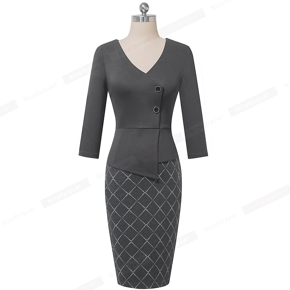 Elegant Patchwork with Button Work Office vestidos Business Formal Bodycon Women Winter Dress | Vimost Shop.