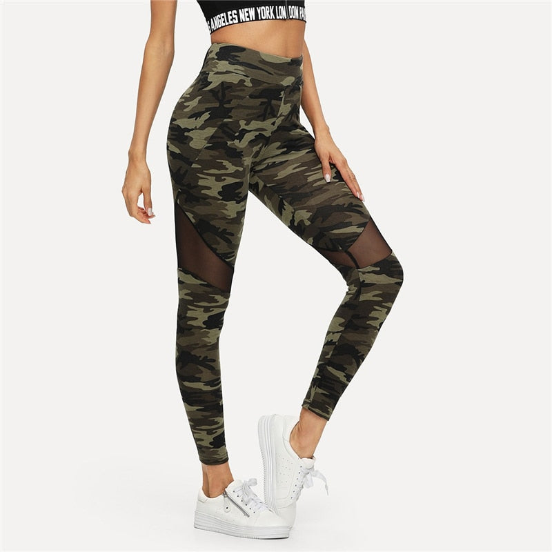 Multicolor Mesh Insert Camo Print Leggings Sporting Patchwork Sheer Crop Pants Women Autumn Athleisure Leggings | Vimost Shop.