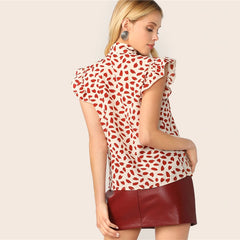 Elegant Red Bow Tie Neck Ruffle Trim Petal Print Top Blouse Workwear Sleeveless Blouses | Vimost Shop.