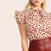 Elegant Red Bow Tie Neck Ruffle Trim Petal Print Top Blouse Workwear Sleeveless Blouses | Vimost Shop.