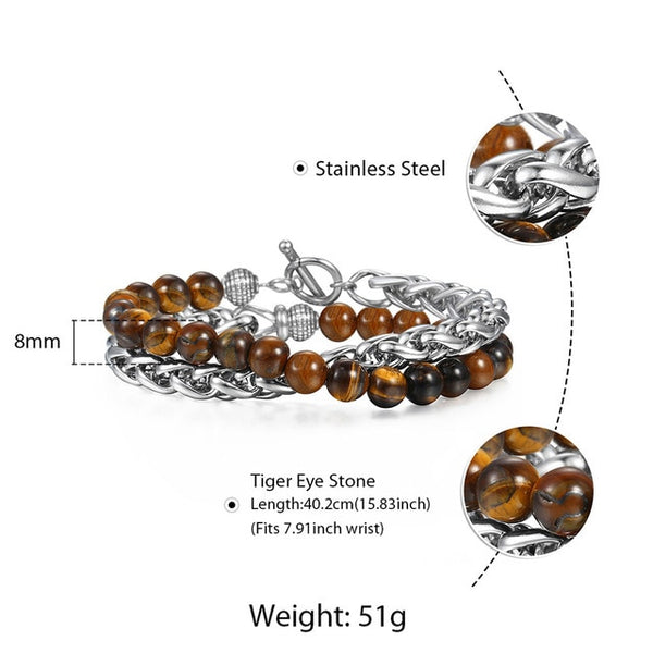8mm Men's Lapis Lazuli Tiger Eye Stone Beaded Bracelet Stainless Steel Wheat Link Lava Bracelet Wristband Jewelry Gifts | Vimost Shop.