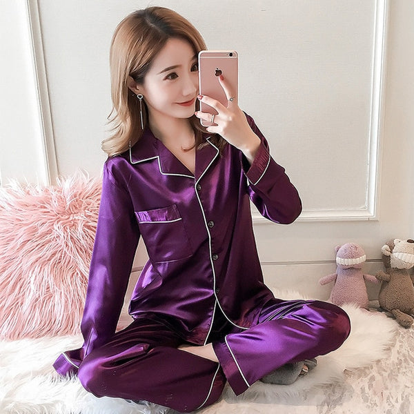 Women Satin Silk Pajamas Adult Spring Faux Sleepwear Two pcs | Vimost Shop.