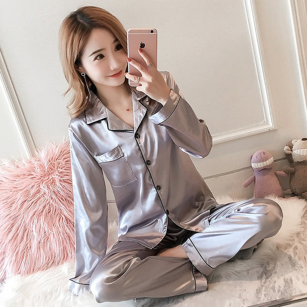 Women Satin Silk Pajamas Adult Spring Faux Sleepwear Two pcs | Vimost Shop.