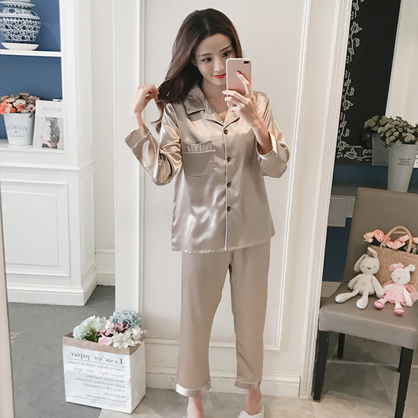 Women Satin Silk Pajamas Adult Spring Faux Sleepwear Two pcs | Vimost Shop.