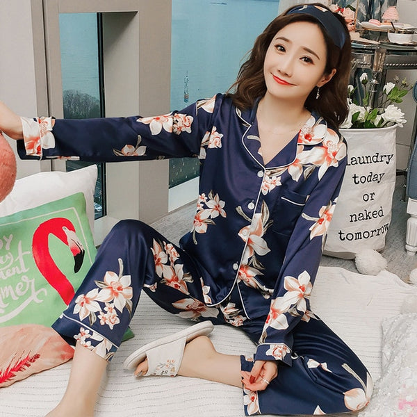 Women Satin Silk Pajamas Adult Spring Faux Sleepwear Two pcs | Vimost Shop.