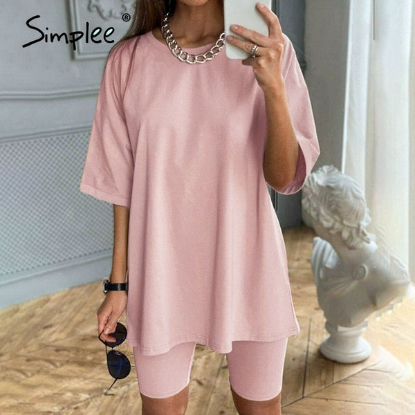 Simplee Casual solid outfits women's two piece suit with belt Home loose | Vimost Shop.