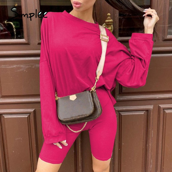 Simplee Casual solid outfits women's two piece suit with belt Home loose | Vimost Shop.