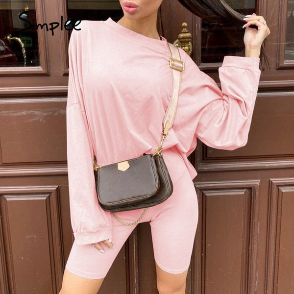 Simplee Casual solid outfits women's two piece suit with belt Home loose | Vimost Shop.