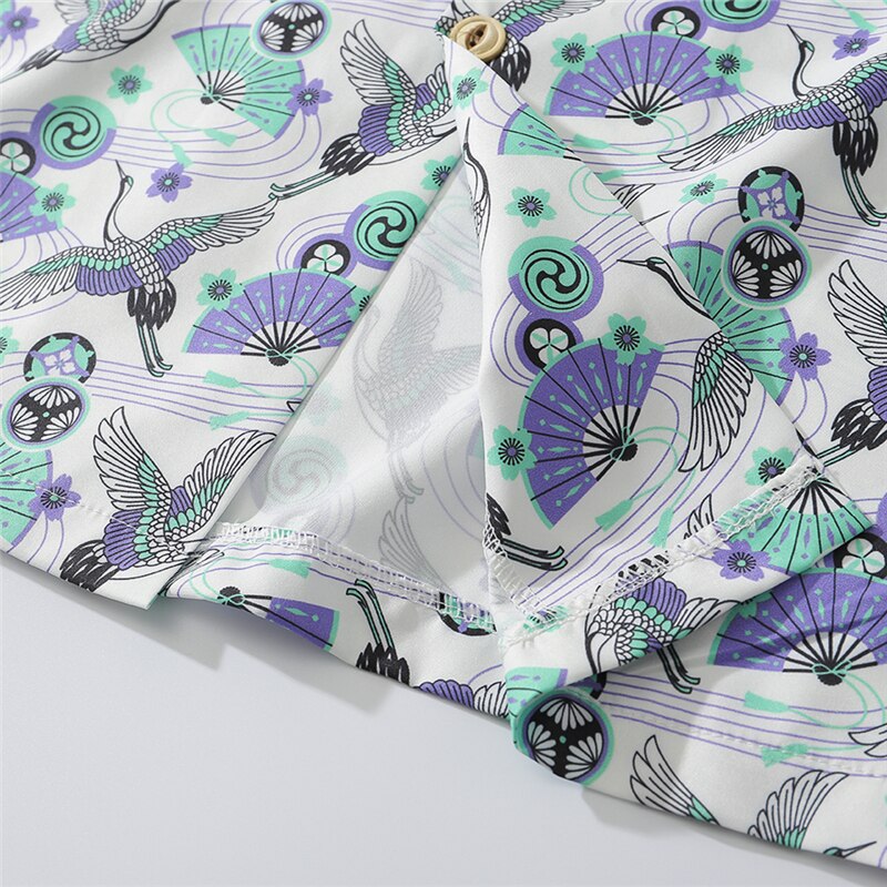 Japanese Style Crane Hawaiian Shirts Streetwear Hip Hop Casual Beach Camisas Shirt Fashion Harajuku White Men Tops | Vimost Shop.