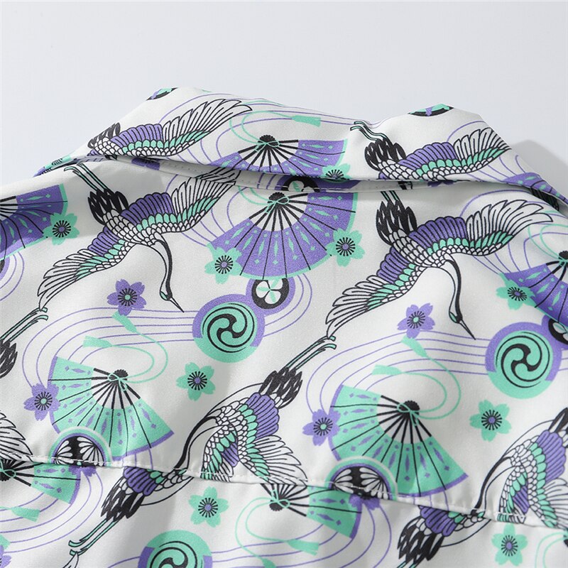 Japanese Style Crane Hawaiian Shirts Streetwear Hip Hop Casual Beach Camisas Shirt Fashion Harajuku White Men Tops | Vimost Shop.