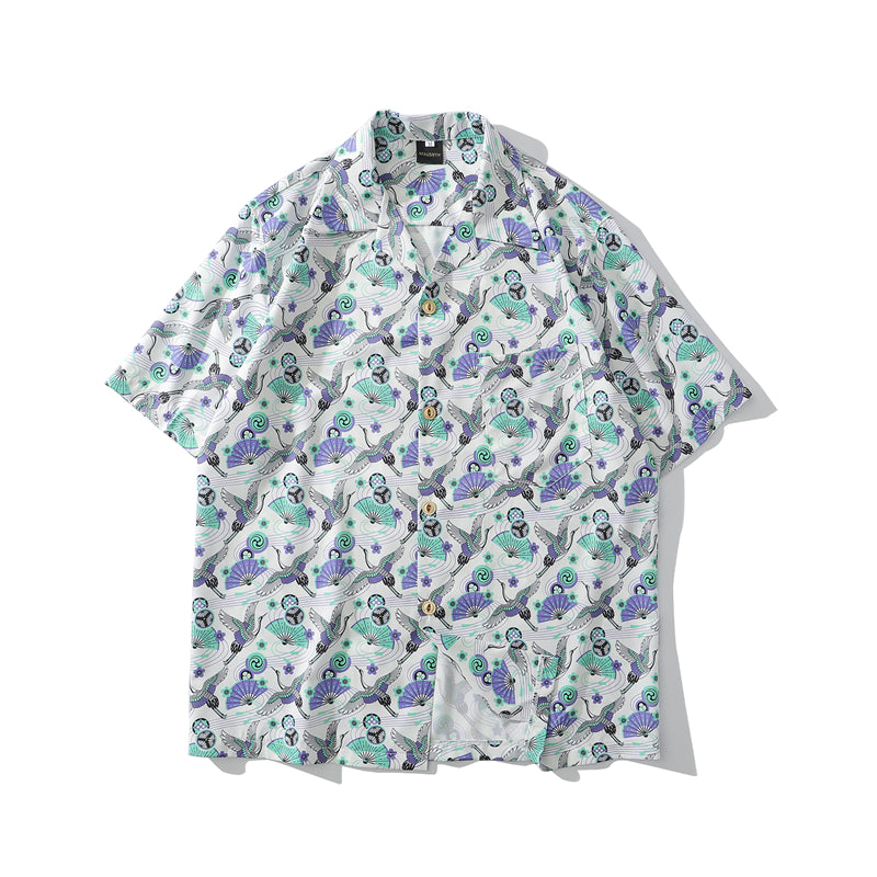 Japanese Style Crane Hawaiian Shirts Streetwear Hip Hop Casual Beach Camisas Shirt Fashion Harajuku White Men Tops | Vimost Shop.