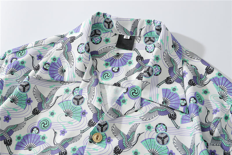 Japanese Style Crane Hawaiian Shirts Streetwear Hip Hop Casual Beach Camisas Shirt Fashion Harajuku White Men Tops | Vimost Shop.