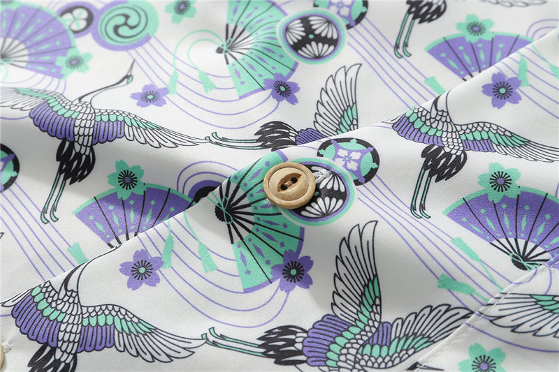 Japanese Style Crane Hawaiian Shirts Streetwear Hip Hop Casual Beach Camisas Shirt Fashion Harajuku White Men Tops | Vimost Shop.