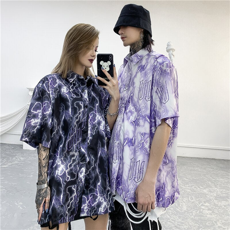 Full Lightning Print Short Sleeve Hawaiian Shirt Summer Casual Floral Button Tropical Beach Hawaii Camp Oversized Shirt | Vimost Shop.