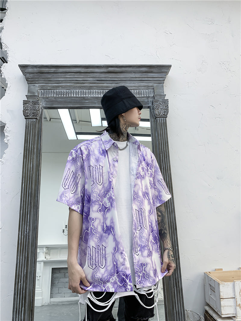 Full Lightning Print Short Sleeve Hawaiian Shirt Summer Casual Floral Button Tropical Beach Hawaii Camp Oversized Shirt | Vimost Shop.