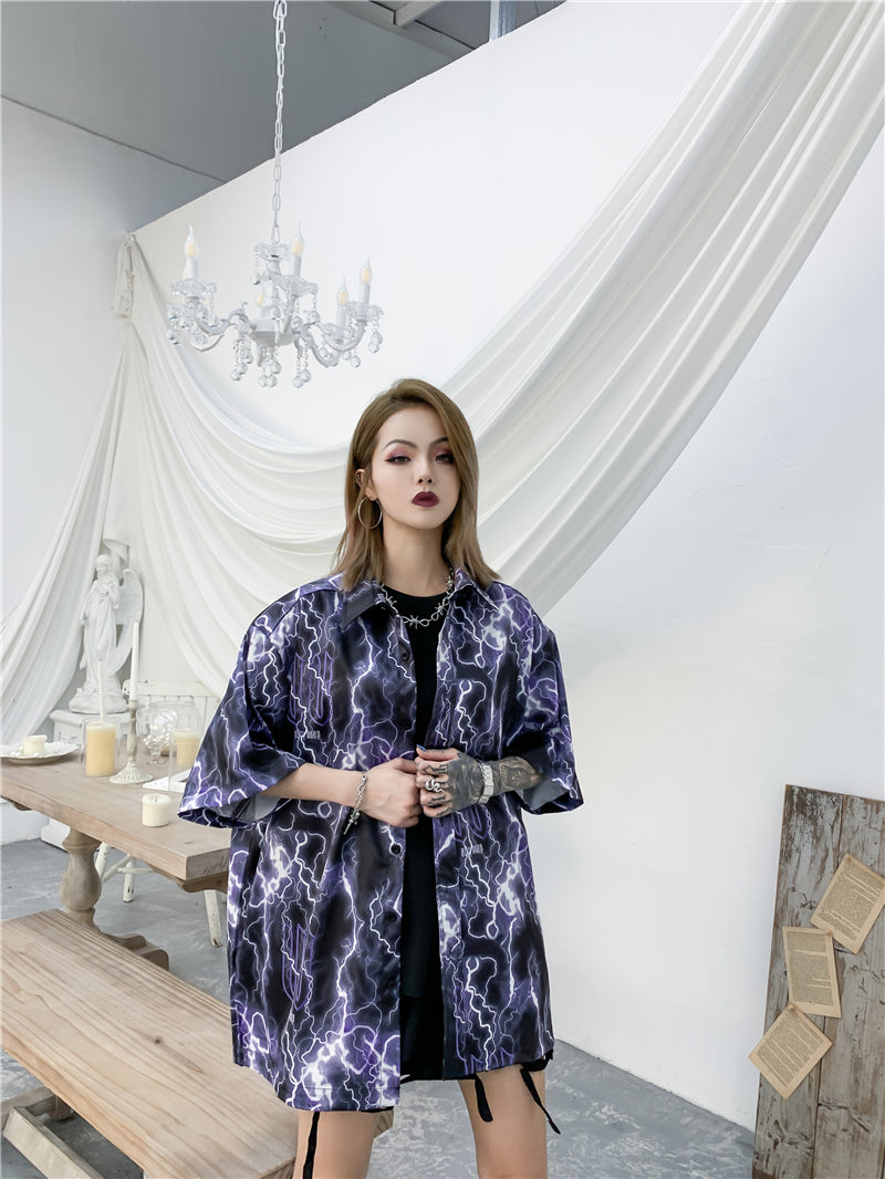 Full Lightning Print Short Sleeve Hawaiian Shirt Summer Casual Floral Button Tropical Beach Hawaii Camp Oversized Shirt | Vimost Shop.