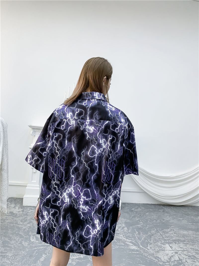 Full Lightning Print Short Sleeve Hawaiian Shirt Summer Casual Floral Button Tropical Beach Hawaii Camp Oversized Shirt | Vimost Shop.