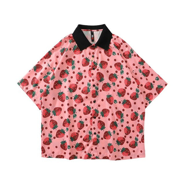 Strawberry Print Harajuku Shirt Mens Hip Hop Streetwear Hawaiian Shirt Fashion Oversized Short Sleeve Korean Red Tops | Vimost Shop.