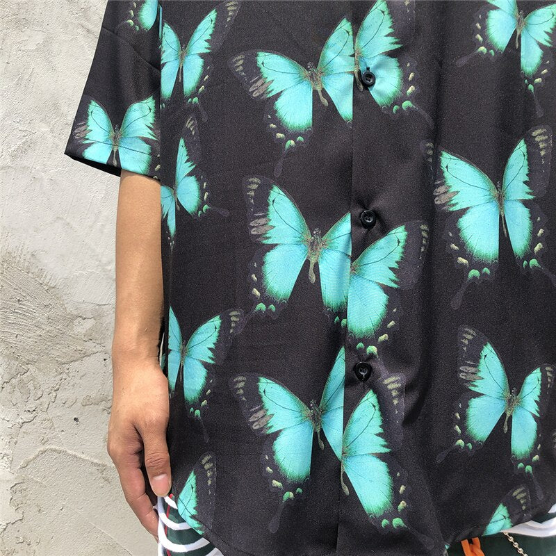Full Butterfly Print Short Sleeve Hawaiian Shirt Summer Men Casual Floral Hip Hop Streetwear Oversized Black Shirt | Vimost Shop.