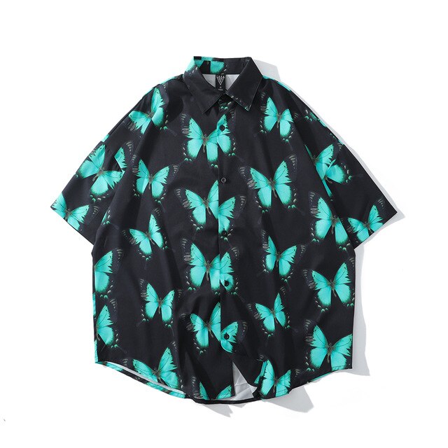 Full Butterfly Print Short Sleeve Hawaiian Shirt Summer Men Casual Floral Hip Hop Streetwear Oversized Black Shirt | Vimost Shop.