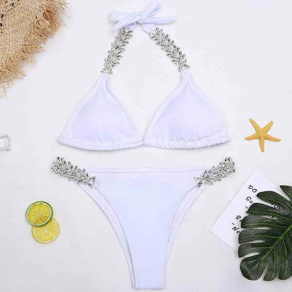 Halter Diamond Bikini Set White Two-Piece Swimsuits Brazilian Bikinis Elegant Fashion Lady Swimming Suit for Women 2020 | Vimost Shop.